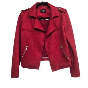 Tahari Red Faux Suede Moto Jacket XS Cropped Zip Biker Minimalist Fall classic